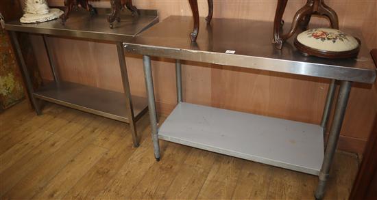 Two industrial aluminium two tier tables larger W.140cm